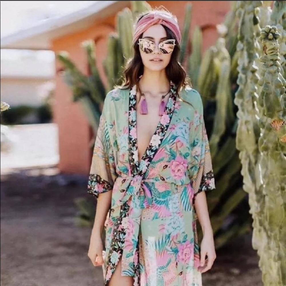 (last 1) Boho Kimono Robe, Peacock in Gold Green, bohemian - Picture 5 of 14